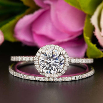 Classic 2 Carat Round Cut Halo Moissanite and Diamond Engagement Ring in White Gold