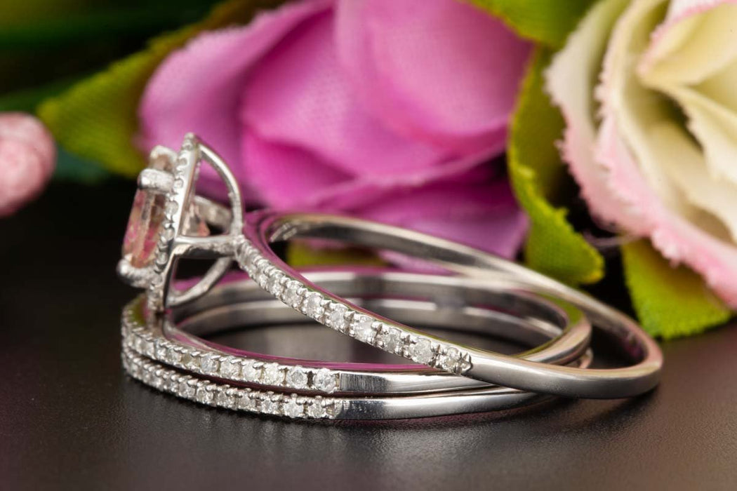 2 Carat Round Cut Halo Sapphire and Diamond Trio Wedding Ring Set in White Gold