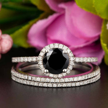 2 Carat Round Cut Halo Black Diamond and Diamond Trio Wedding Ring Set in White Gold