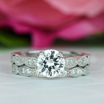 1.5 Carat Round Cut Wide Art Deco Bridal Ring Set in White Gold over Sterling Silver