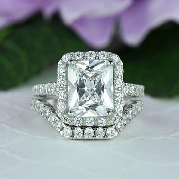 Final Sale: Radiant 4.25 Carat Emerald Cut Halo Bridal Ring Set in White Gold over Sterling Silver