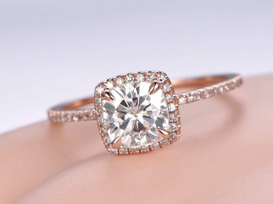 1.50 Carat Halo Cushion Cut Moissanite and Diamond Engagement Ring in Rose Gold