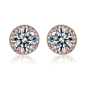 2.50 Carat Round Cut Moissanite and Diamond Halo Stud Earrings in Rose Gold