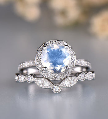 Floral 2 Carat Round Cut Blue Moonstone and Diamond Art Deco Bridal Set in White Gold