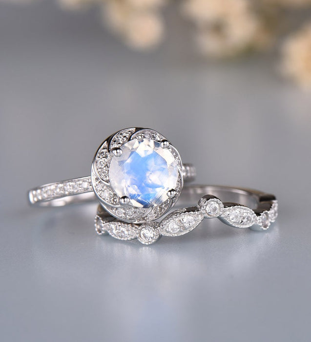 Floral 2 Carat Round Cut Blue Moonstone and Diamond Art Deco Bridal Set in White Gold