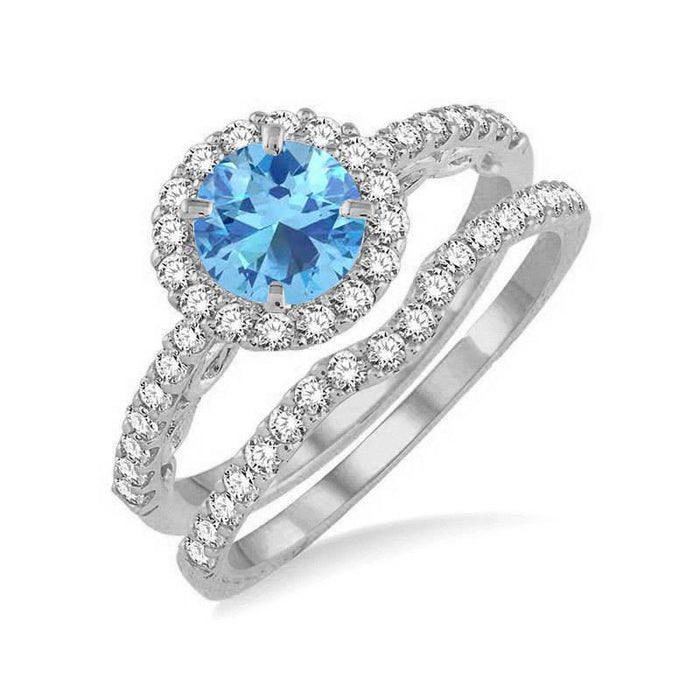 Perfect 2 Carat Round Cut Aquamarine and Diamond Halo Wedding Ring Set in White Gold