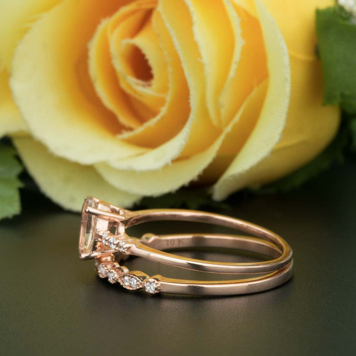 1.50 Carat Oval Cut Peach Morganite and Diamond Bridal Ring Set in Rose Gold Vintage Ring