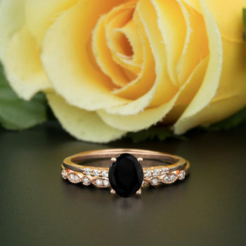 1.5 Carat Oval Cut Black Diamond and Diamond Wedding Ring Set in 9k Rose Gold Elegant Ring