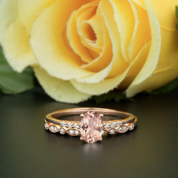 1.5 Carat Oval Cut Peach Morganite and Diamond with Matching Wedding Band in 9k Rose Gold Vintage Ring