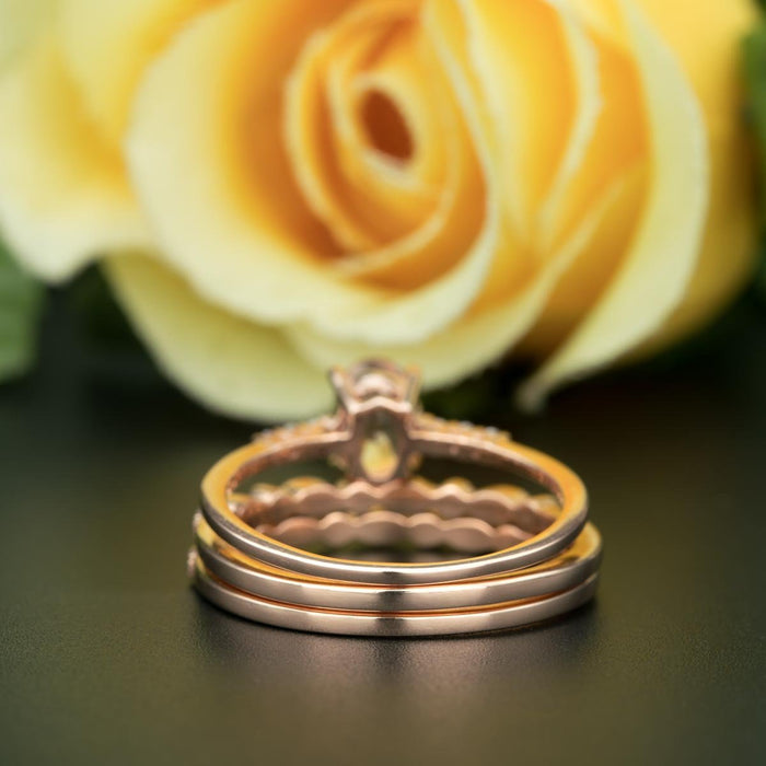 2 Carat Oval Cut Sapphire and Diamond Trio Wedding Ring Set in Rose Gold Elegant Ring