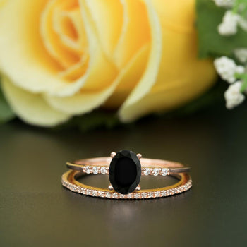 1.5 Carat Oval Cut Black Diamond and Diamond Wedding Ring Set in 9k White Gold Elegant Ring