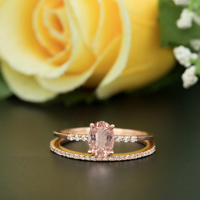 Vintage Ring 1.50 Carat Oval Cut Peach Morganite and Diamond Bridal Ring Set in Rose Gold