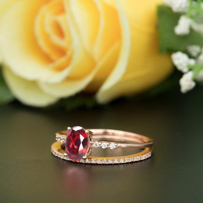 1.5 Carat Oval Cut Ruby and Diamond Wedding Ring Set in 9k White Gold Elegant Ring