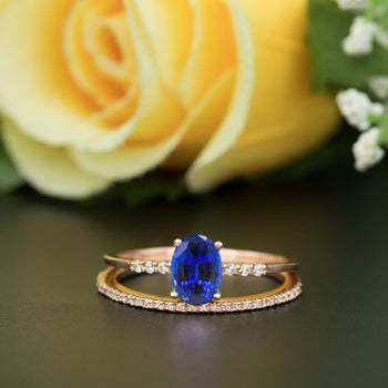 1.50 Carat Oval Cut Sapphire and Diamond Wedding Ring Set in White Gold Elegant Ring