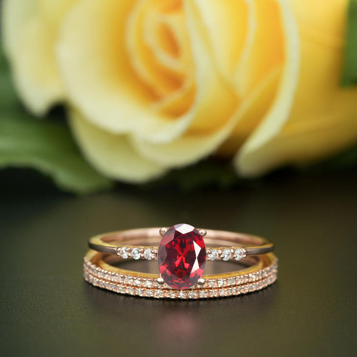 2 Carat Oval Cut Ruby and Diamond Trio Wedding Ring Set in 9k White Gold Elegant Ring