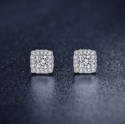 Cluster .50 Carat Princess and Round Cut Diamond Stud Earrings in White Gold