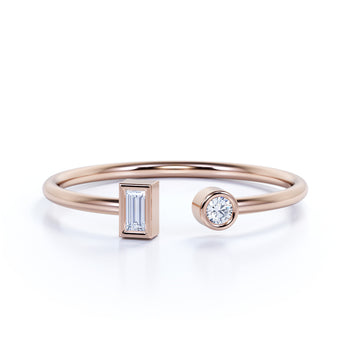 Bezel Set Round and Emerald Cut Diamond Duo Stacking Ring in Rose Gold