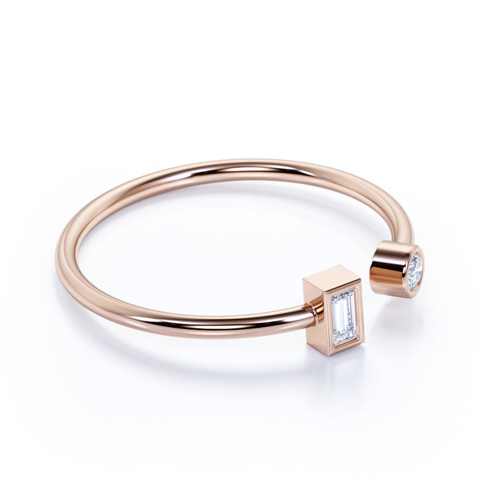 Bezel Set Round and Emerald Cut Diamond Duo Stacking Ring in Rose Gold