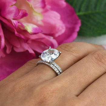Final Sale: Accented 5 Carat Oval Cut Solitaire Bridal Ring Set in White Gold over Sterling Silver