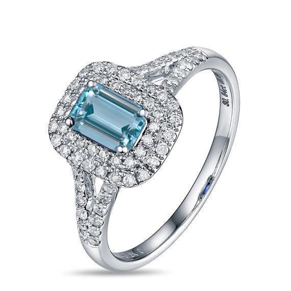 1.50 Carat Aquamarine and Diamond split shank Halo Engagement Ring in White Gold