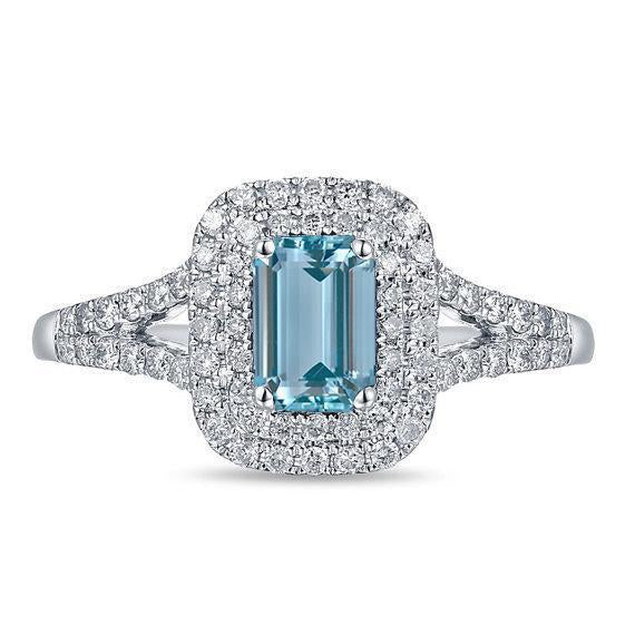 1.50 Carat Aquamarine and Diamond split shank Halo Engagement Ring in White Gold
