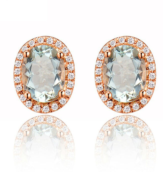 2.50 Carat Oval Cut Aquamarine and Diamond Halo Stud Earrings in Rose Gold