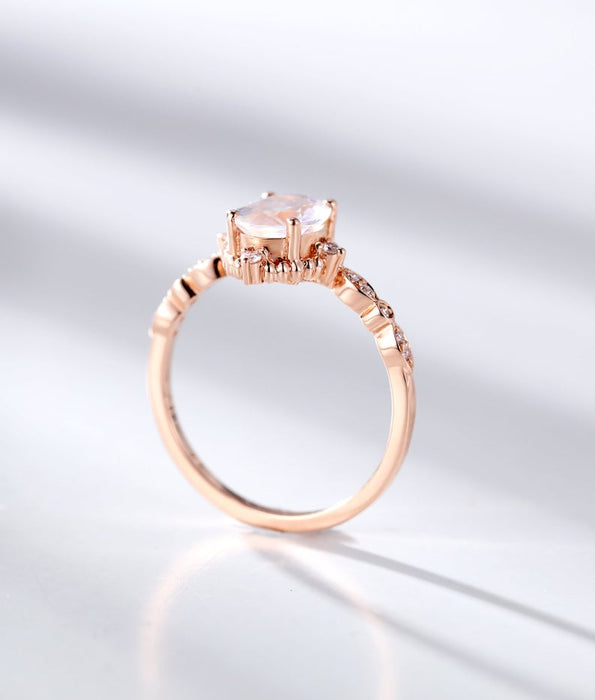 Vintage Inspired 1.25 Carat Oval Cut Rainbow Moonstone and Diamond Engagement Ring in Rose Gold