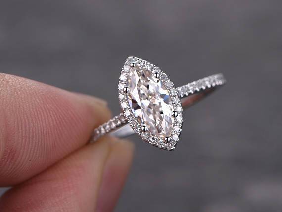 1.25 Carat Marquise Cut Moissanite and Diamond Engagement Ring in White Gold