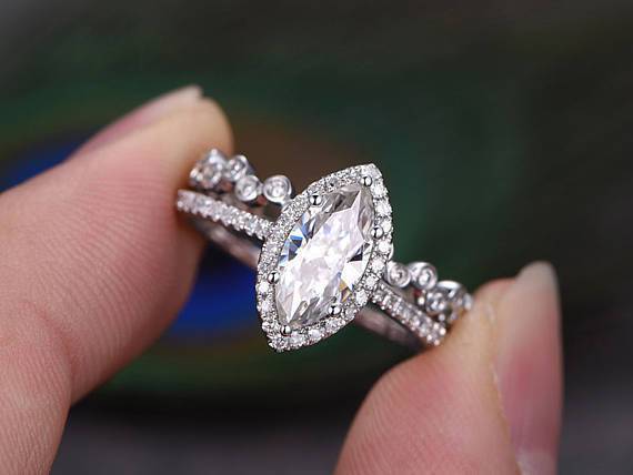 2 Carat Marquise Cut Moissanite and Diamond Wedding Set in White Gold