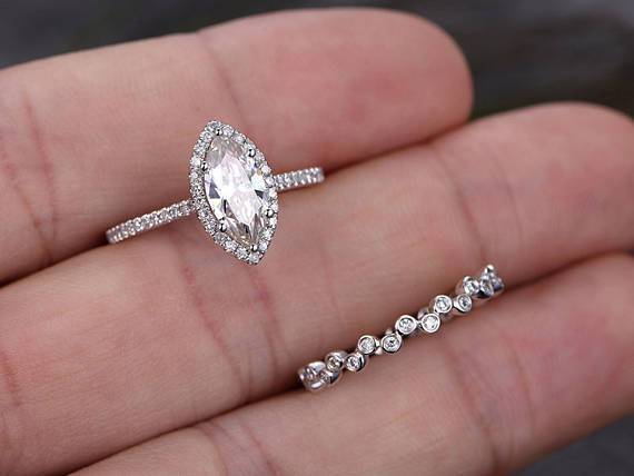 2 Carat Marquise Cut Moissanite and Diamond Wedding Set in White Gold