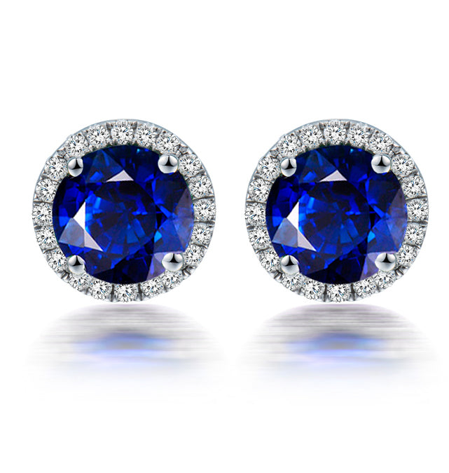 2.50 Carat Round Cut Sapphire and Diamond Halo Stud Earrings in White Gold