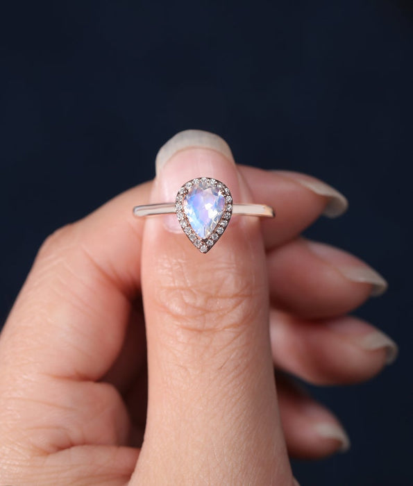 Classic 1.25 Carat Pear Shape Rainbow Moonstone and Diamond Halo Engagement Ring in Rose Gold