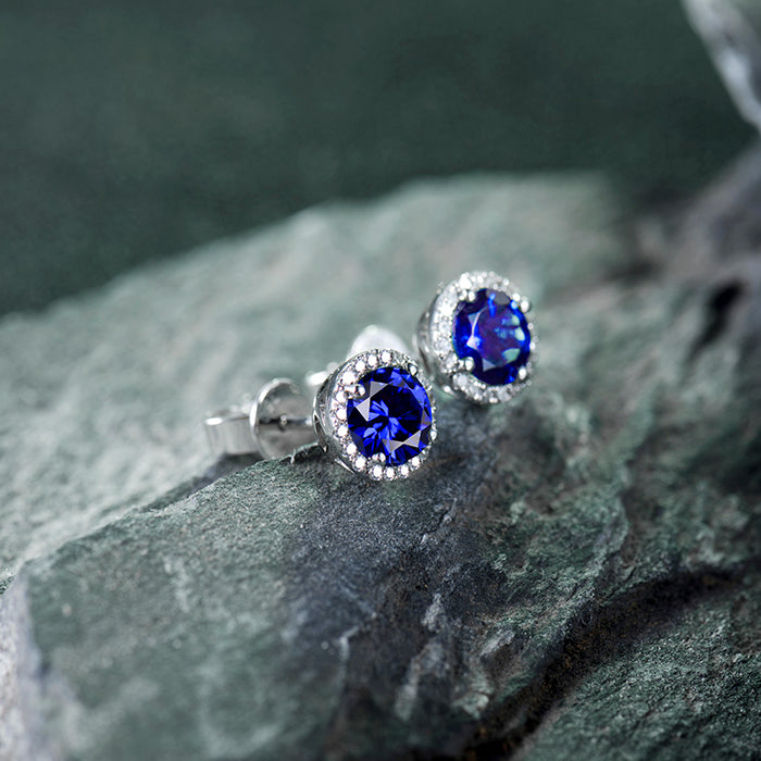 2.50 Carat Round Cut Sapphire and Diamond Halo Stud Earrings in White Gold