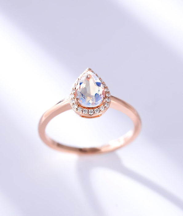 Classic 1.25 Carat Pear Shape Rainbow Moonstone and Diamond Halo Engagement Ring in Rose Gold