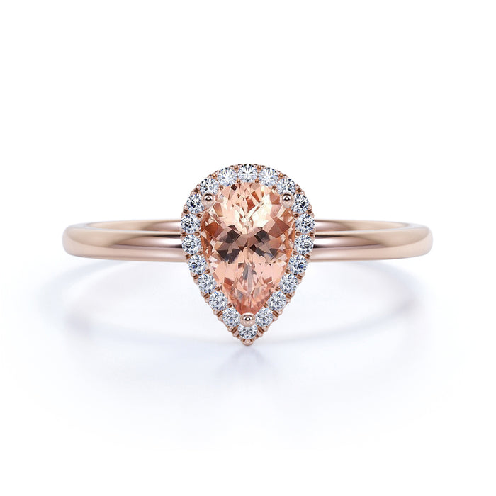 1.25 Carat Pear Shaped Peach Pink Morganite with Diamond Halo Solitaire Engagement Ring in 9K Rose Gold