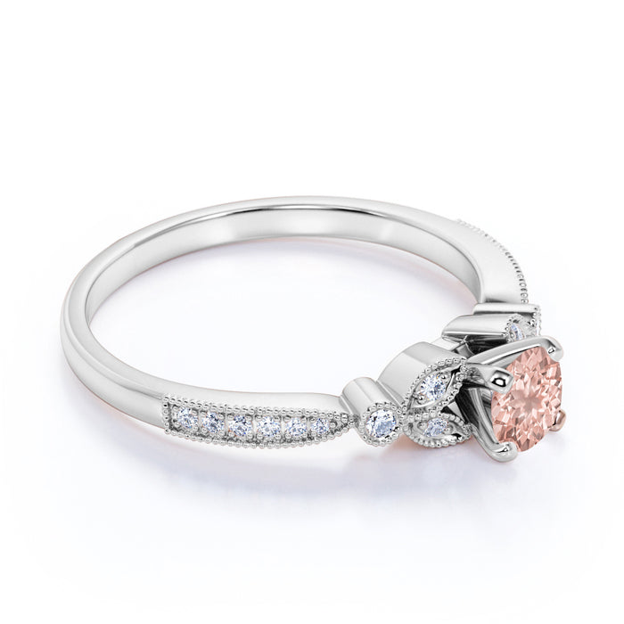 Vintage 1 Carat Round Cut Morganite and Pave Diamond Milgrain Flower Engagement Ring in Rose Gold