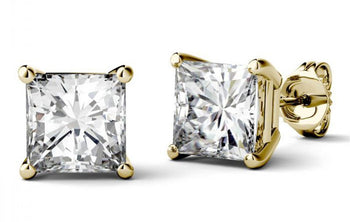 Limited Time Sale 2 Carat Princess Cut Moissanite Solitaire Stud Earrings in Yellow Gold