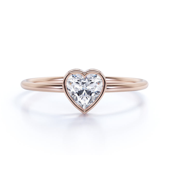 Bezel Set Solitaire Heart Shape Diamond Stacking Ring in Rose Gold