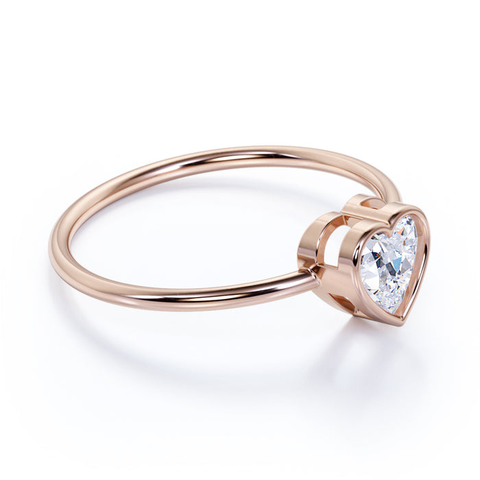 Bezel Set Solitaire Heart Shape Diamond Stacking Ring in Rose Gold