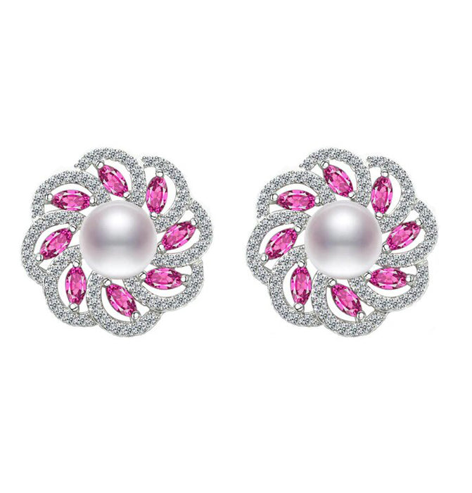 4 Carat Fresh Water Pearl with Pink Sapphire and Diamond Stud Earrings in White Gold