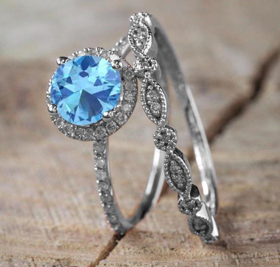 Bestselling 2 Carat Antique Design Round cut Aquamarine and Diamond Wedding Ring Set in White Gold
