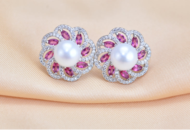 4 Carat Fresh Water Pearl with Pink Sapphire and Diamond Stud Earrings in White Gold