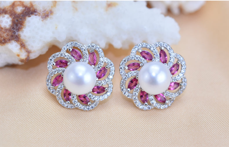 4 Carat Fresh Water Pearl with Pink Sapphire and Diamond Stud Earrings in White Gold