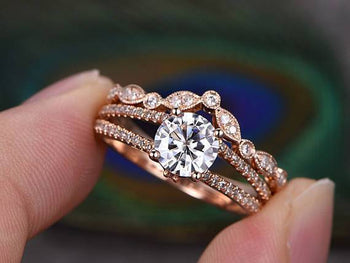 2 Carat Round Cut Moissanite and Crown Diamond Wedding Set in Rose Gold