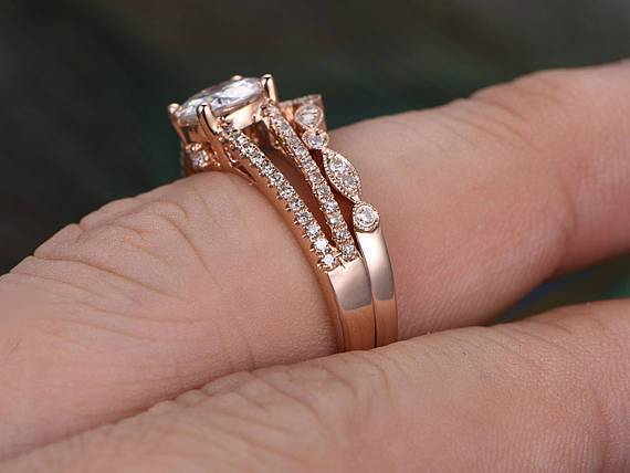 2 Carat Round Cut Moissanite and Crown Diamond Wedding Set in Rose Gold