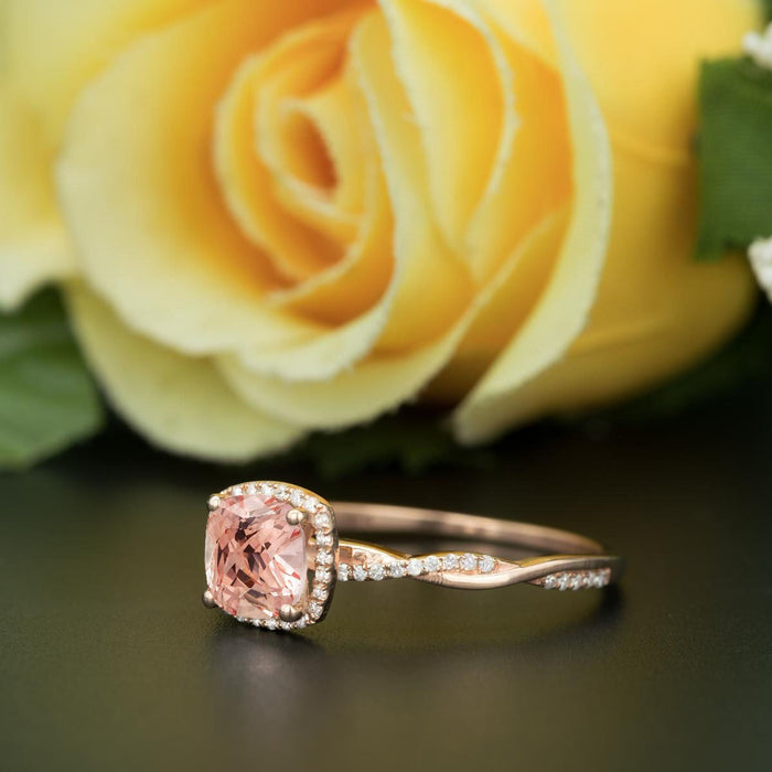 1.25 Carat Cushion Cut Peach Morganite and Diamond Engagement Ring in Rose Gold Art Deco Ring