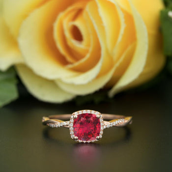 Unique 1.25 Carat Cushion Cut Ruby and Diamond Engagement Ring in 9k Rose Gold