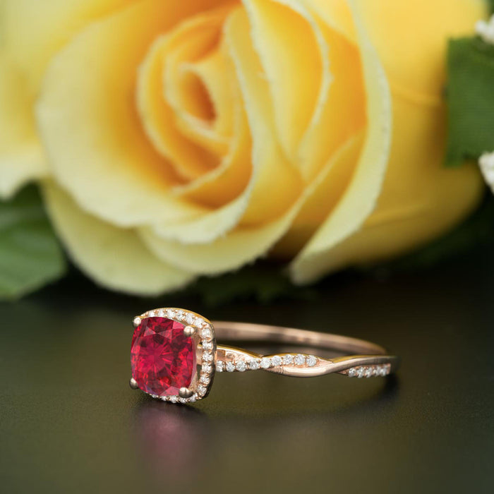 Unique 1.25 Carat Cushion Cut Ruby and Diamond Engagement Ring in 9k Rose Gold