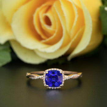 Unique 1.25 Carat Cushion Cut Sapphire and Diamond Engagement Ring in Rose Gold