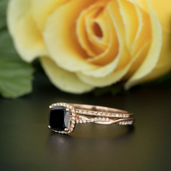 Unique 1.50 Carat Cushion Cut Black Diamond and Diamond Wedding Ring Set in Rose Gold